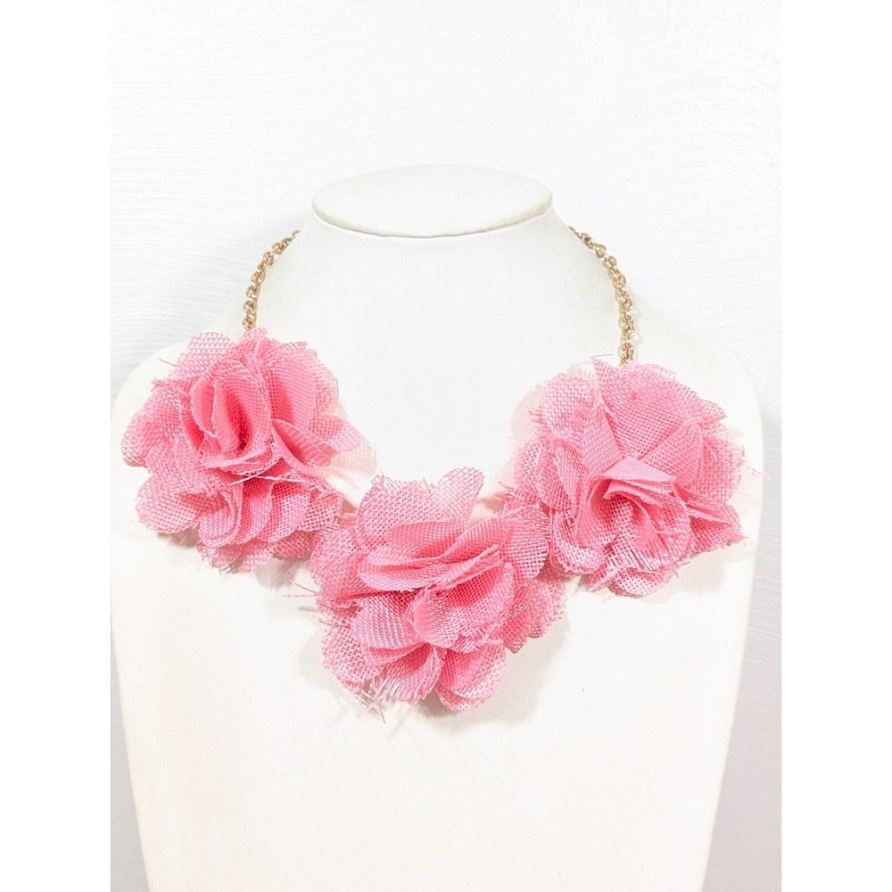 Pink Fabric Rose Flower Statement Necklace Boho Coastal Chic 22 inch